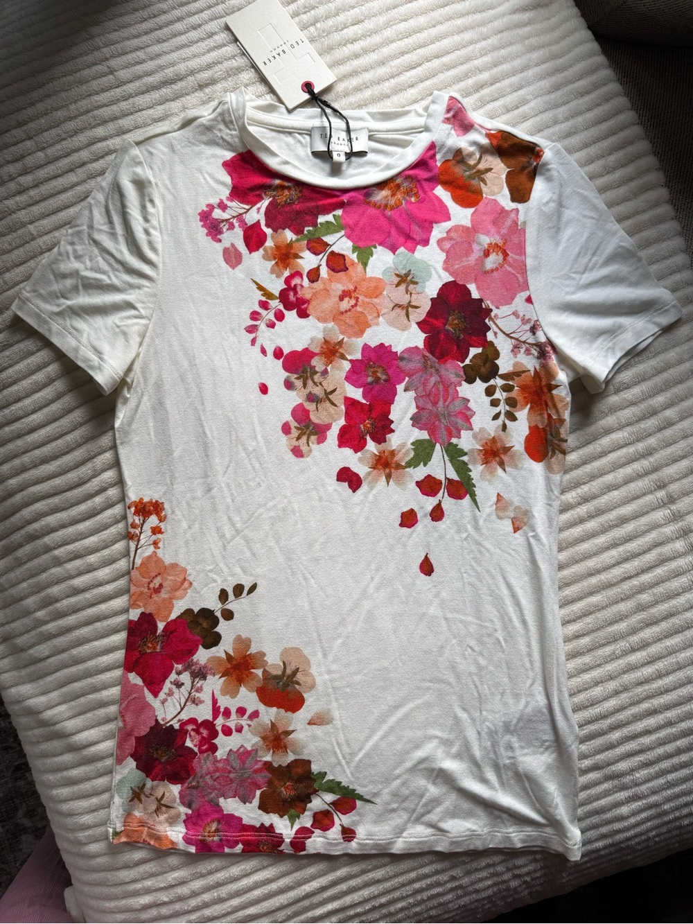 Ted Baker White Floral Crewneck Tee with Pink & Orange Blooms